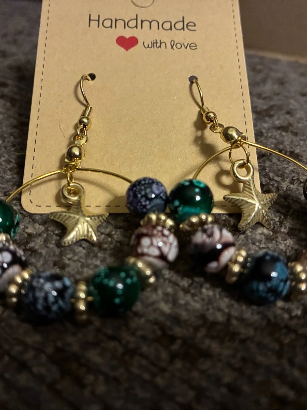 Handmade Gold Hoop Earrings with Multicolor Beads and Star Charm